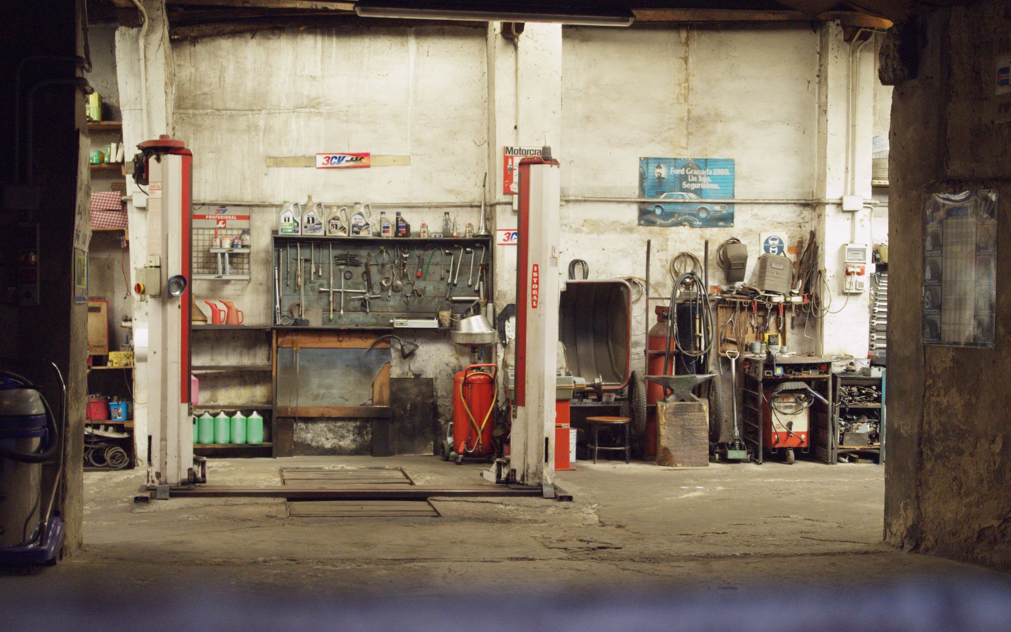 Workshop bench with tools and machinery