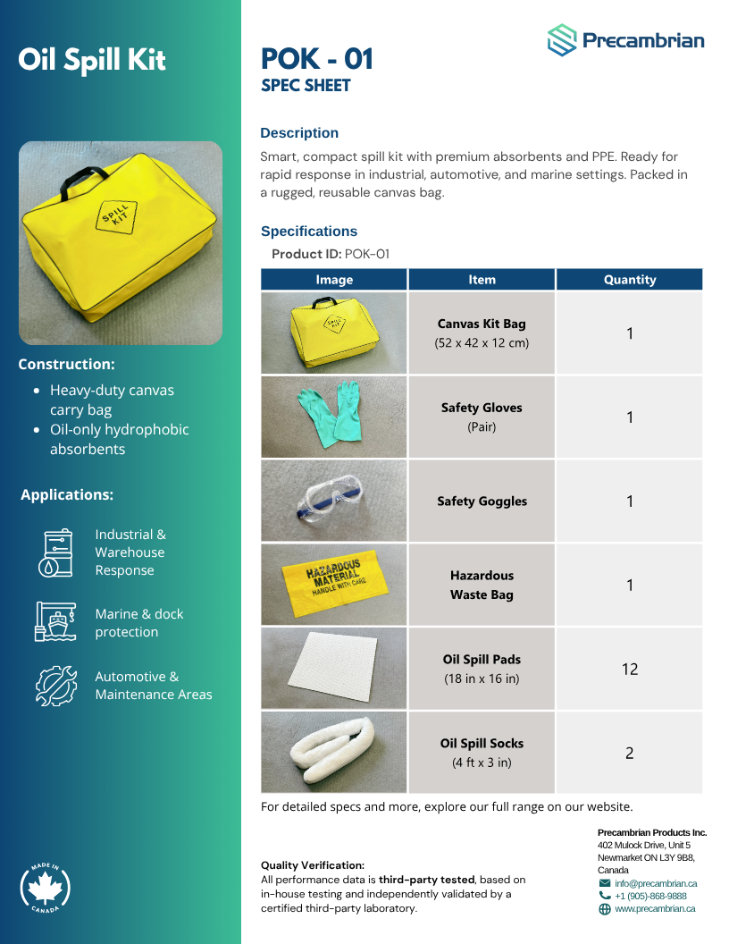Preview of the POK-01 oil spill kit spec sheet