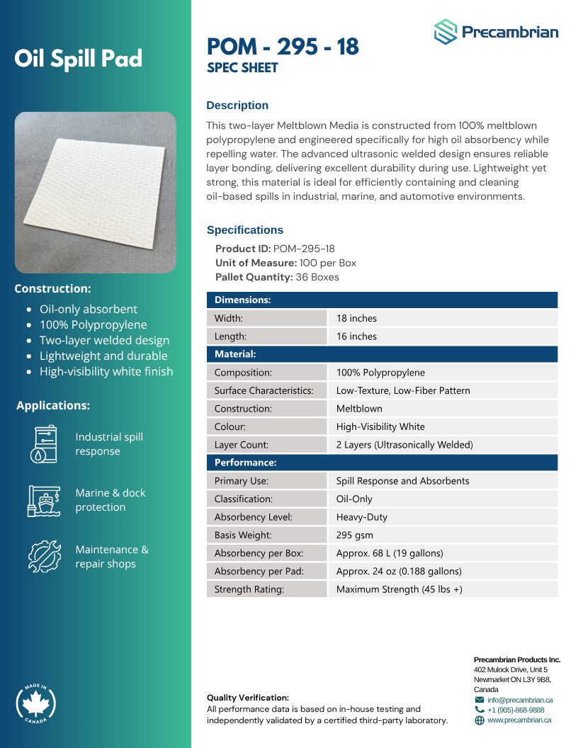 Preview of the POM-295-18 oil spill pad spec sheet