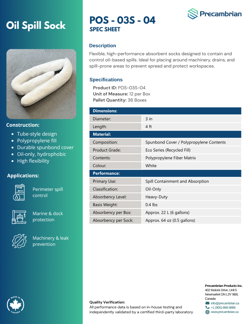 Preview of the POS-03S-04 oil spill sock spec sheet